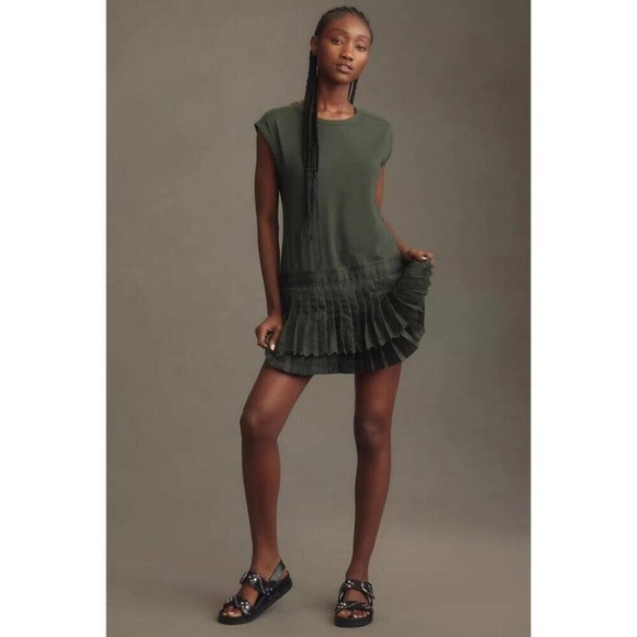 Anthropologie Daily Practice Dark Green Solid Set Mini Dress Pleated Size  XL NEW